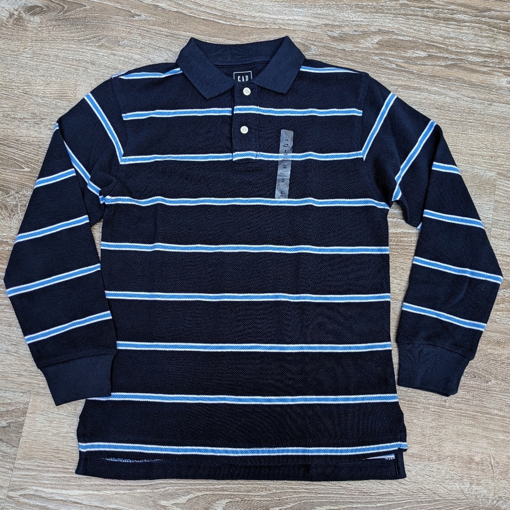 NEW Gap Kids Navy Long sleeve Striped Polo 100% Cotton Size Large